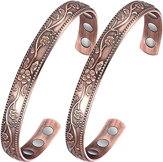 Magnetic Clasp Pure Copper Bead Bracelets, 2Pcs Box Chain Design for Women with Arthritis & Joint Pain - Vintage Flower Pattern, Adjustable Cuff, Luxury Gift Box Included