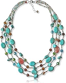 MGR MY GEMS ROCK! Beaded Multiple 4 Layered Strand Blue Magnesite Turquoise-Mix Bib Collar Statement Style Necklace, 18"-19" long