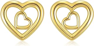14K Yellow Gold Heart Stud Earrings with Secure Screw Back for Women - Double Heart Love Design