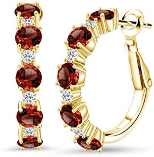 Gem Stone King 18K Yellow Gold Plated Silver Red Garnet and White Topaz Hoop Earrings For Women (4.02 Cttw, Round 4MM and 1.9MM, Gemstone Birthstone 1 Inch Diameter)