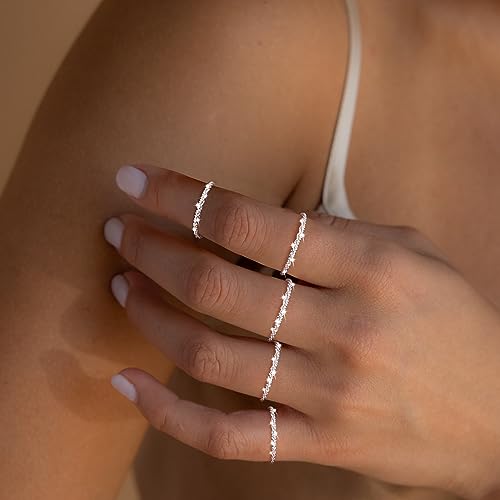 Sterling Silver Rings for Women Girl, Dainty Simple Waterproof Stackable Ring Set Thin Sparkling Finger Ring for Women Non Tarnish Trendy Statement Rings Wedding Bands Silver Jewelry Size 5-10