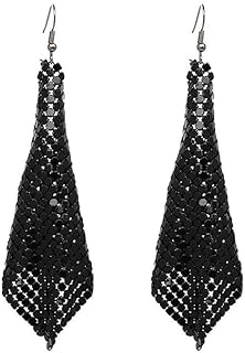 Western Dangler Vintage Triangle Earrings For Women & Girls, Metallic Mesh Grid Sequin Exaggerated Long Dangler Earrings - Black