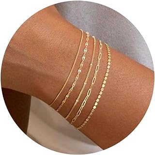 14K Gold Plated Stackable Bracelet Set for Women with Lobster Clasp, Bead Chain & Cubic Zirconia Accents - Dainty, Trendy and Waterproof Yellow Gold Jewelry