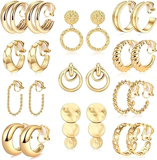 Stylish 11-Pair Gold Clip-On Earring Set with Hematite Gems for Women, Including Round & Chunky Geometric Hoop Designs in Stainless Steel