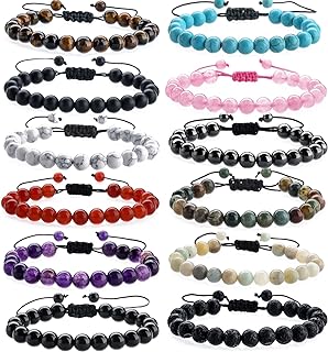 Unisex Adjustable Gemstone Bead Bracelets Set, 12-Piece Healing Energy Jewelry with Tiger Eye, Amethyst, Rose Quartz and More - Perfect Everyday Accessory or Thoughtful Gift
