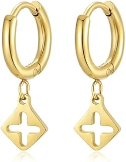 18k Gold Plated Small Cross Hoop Earrings with Hinged Hoop for Women - Stainless Steel Geometric Huggie Design without Gemstones, Hypoallergenic Jewelry Gift