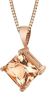 Peora 14K Rose Gold Princess Cut Morganite Pendant Necklace, Genuine 2.25 Ct Gem with Spring Ring Clasp, Made in USA