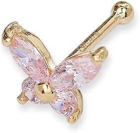 14k Yellow Gold Cubic Zirconia Butterfly Nose Ring - Hypoallergenic Nose Stud with Simulated Pink Diamond - Ideal for Various Piercings