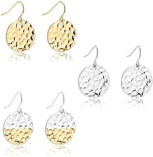 Dainty Small & Hammered Circle Disc, Gold, Silver and Twotone Simple & Lightweight Dangle Drop Earrings for Women