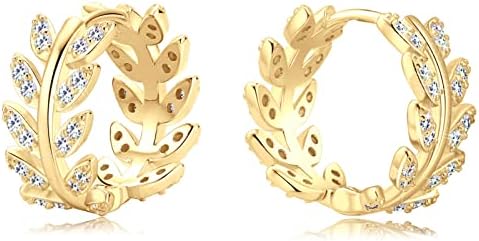 D-Color Moissanite Hoop Earrings with Sterling Silver Clasp for Women, Leaf Design, Lab-Created Diamond, 18K Gold Plated Jewelry Gift