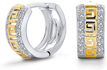 Hinge Post 14K Gold Plated Sterling Silver Huggie Hoop Earrings with Greek Key Cutout & Cubic Zirconia Gems for Men and Women