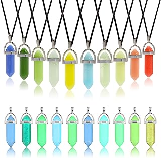 TXIN 10 Pcs Glow in the Dark Crystal Pendant Necklace, Luminous Hexagonal Moonstone Necklace, Fluorescent Stone Necklace, Glowing Gemstone Quartz Stone Necklace with Black Leather Chain for Women Men
