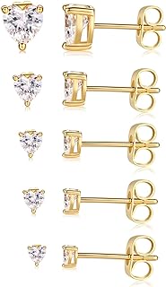 MDFUN Heart Stud Earrings Set for Women 18K Yellow Gold Plated, 4 Prong Hypoallergenic Cubic Zirconias CZ Studs Earrings Pack of 5 Pairs 3-7mm