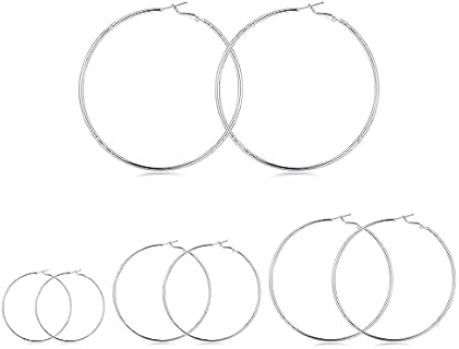 4-Pair Set Sterling Silver Hoop Earrings with Hinged Hoop Back Finding for Women and Girls in Multiple Sizes (30/40/50/60MM) and White Gold Plating - Perfect Valentine's Day Gift