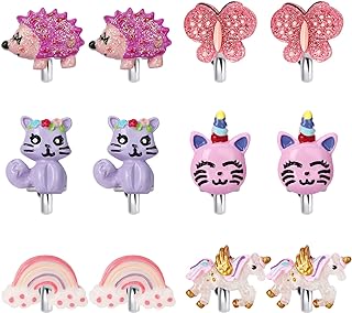 6Pairs Unicorn Cat Clip On Earrings for Little Girls, Girls Butterfly Clip On Earrings Rainbow Earrings Toddler Girls Dress Up Jewelry