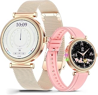 Osznmmg ゴールド 丸型 スマートウォッチ、IP67防水でカスタマイズ文字盤と100種類運動モード。レディース用で通話機能対応。