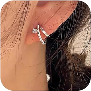 Gold Huggie Split Hoop Earrings for Women 14k Plated Gold 925 Sterling Silver Delicate Cubic Zirconia Double Huggie Illusion Stud Earrings Oval Cuff Earrings for Girls Jewelry Gift Mother's Day Graduation Ceremony Valentine's Day Birthday Christmas