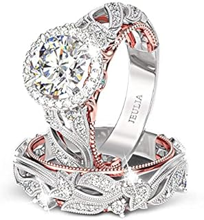 Jeulia 4 Carat Openwork Ring Sets for Women 925 Sterling Silver Wedding Sets Rose Gold Round Cut Halo Engagement Ring White Diamond band CZ Solitaire Anniversary Promise Rings