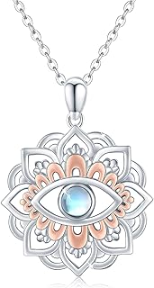 Sterling Silver 925 Box Chain Necklace with Moonstone Lotus Eye Pendant for Women and Men - Protection and Purity Lotus Charm Jewelry
