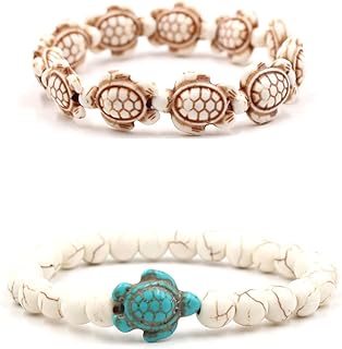 2-Piece Unisex Natural Stone Sea Turtle Bead Bracelets with Elastic Bead Chain - Ideal Gift for Men, Women, and Girls