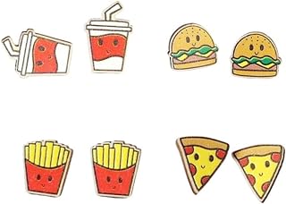 Push-Back Wooden Stud Earrings with Fun Food Designs, Perfect for Women and Girls - Cookie, Coke, Pizza, Donut, Milk, Egg, Hamburger, French Fries Themes
