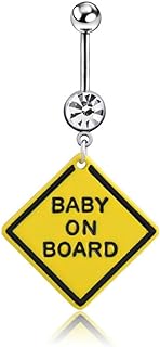 Custom BioFlex 'Baby On Board' Dangle Belly Ring in Yellow with 316L Steel and Acrylic - Ideal for Expectant Mothers with Unique Design and Flexible Long Bar