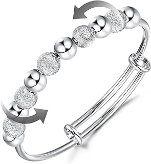 Adjustable Copper Fidget Bead Bracelet with Box Chain for Women - Silver Plated Anxiety Relieving Spinner Design