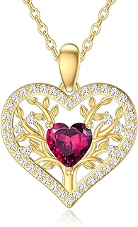 SISGEM 14K Real Gold Tree of Life Necklace for Women,Yellow Gold Family Tree Pendant Necklace Garnet Heart Jewerly Gifts for Birthday Christmas 16+1+1 inch