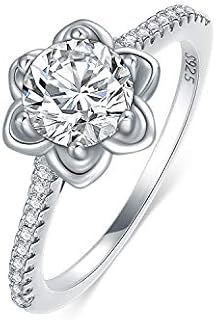 Sterling Silver 14K White Gold Plated Lotus Engagement Ring with Cubic Zirconia Gemstone for Women, Lotus Flower Eternity Wedding Band Design, Size 7