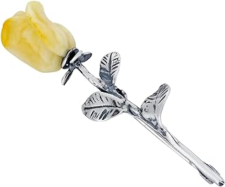 AMBEDORA Women’s Brooch, Oxidized Sterling Silver, Amber Rose Hand Carved, Silver Brooch with Milky Amber Rose, 2 g