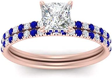 Choose Your Gemstone Princess Cut Hidden Halo Wedding Rings rose gold plated Princess Shape Wedding Ring Sets Matching Jewelry Wedding Jewelry Easy to Wear Gifts US Size 4 to 12
