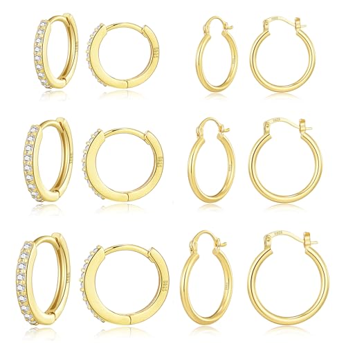 925 Sterling Silver Hoop Earrings,Small Gold Studs for Women Mini Cartilage Hoop Set Gold Huggie Earrings Hypoallergenic Studs Earrings for Girls Gold Earring Set for Multiple Piercing