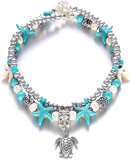 Hawaiian Zircon Gemstone Anklet with Bead Chain, Handmade Boho Beach Jewelry with Layered Turtle & Conch Design for Women