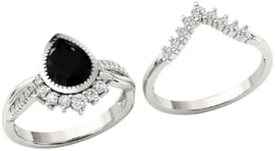 Generic Antique Black Onyx 1.5 CT Engagement Ring Art Deco Pear Cut Black Onyx Wedding Ring Set 14k Gold Vintage Black Onyx Bridal Anniversary Rings