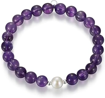 No-Clasp Rhodium Plated Silver & Genuine Semi-Precious African Amethyst & Freshwater Cultured Pearl Bead Bracelet for Women, 8-inch Long Stretchy Design by MORGAN & PAIGE