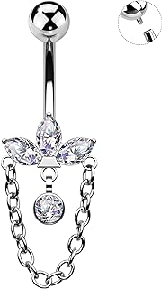 OUFER G23 Titanium Belly Button Rings with Cubic Zirconia and Internally Threaded Chain for Women & Men, Hypoallergenic, Dangling Clear CZ Design