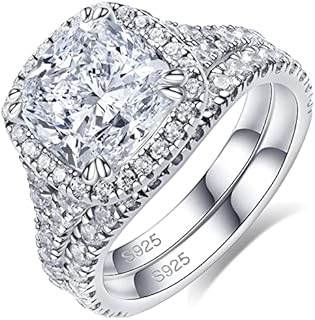 Bo.Dream 925 Sterling Silver Wedding Sets For Women 3ct Cushion Cut Cubic Zirconia Halo Engagement Rings