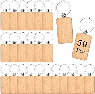 Aemygo 50 Pieces Wooden Keychain Blanks, Rectangle Wood Engraving Blanks Key Chain Unfinished Wooden Key Ring Blank Key Tag for DIY Gift Crafts