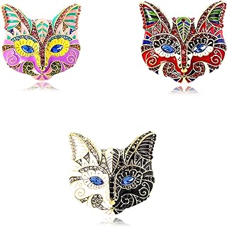 3pc Crystal Diamond-Studded Black Cat Brooch Pins in Zinc Alloy – Chic Women Fashion Accessory with Secure Pin Clasp – Unique Cat Mask Design