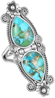 Women's Turquoise/Black Onyx/Mother of Pearl Ring Vintage 925 Sterling Silver Flower Ring Pear Shape Turquoise Statement Rings Size 6-9
