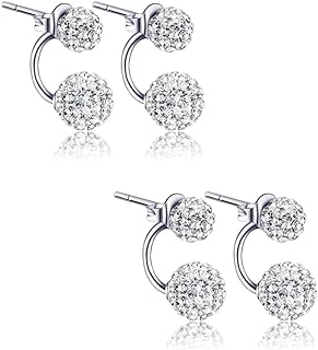2 Pair of Silver Double Beaded Rhinestone Crystal Ball Stud Earrings Sparkling Jewellery for Women Girls