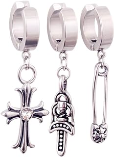 3 Pieces No Piercing Clip On Punk Goth Cross Sword Small Huggie Hoop Drop Earrings Set for Men Women Teen Girls Personalized Unique Stainless Steel Hypoallergenic for Sensitive Ears