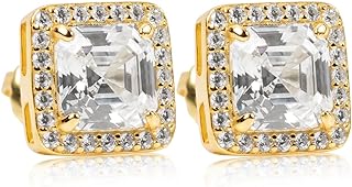 Yellow Gold Plated 925 Sterling Silver Unisex Hypoallergenic Asscher Cut 5A Cz Stone Square 9mm Iced Hip Hop Micro Pave Ice Out Baguette Stud Screw Back Post Earrings Jewelry Gifts For Men Women