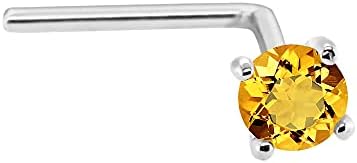 Jewelry Avalanche 22G Solid 14Kt Gold L-Shape Nose Stud with real Citrine Gemstone, 14kt Yellow Gold or 14kt White Gold Prong Setting - November Birthstone Nose Ring