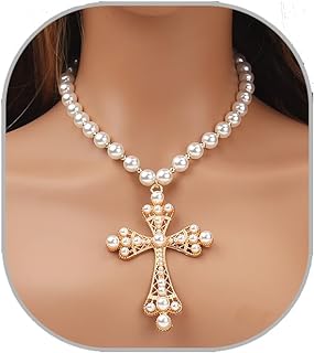 Women's Gothic Cross Necklace with Crisscross Chain - Zinc Metal Pendant Necklace with Layered Pearl Beads & Unique Vintage Design
