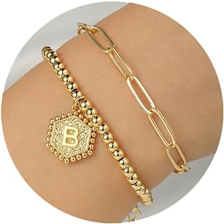 Charming 14K Gold Initial Bangle Bracelet with Lobster Claw Clasp and Bead Chain, Perfect for Women - Hexagon Design by IEFWELL