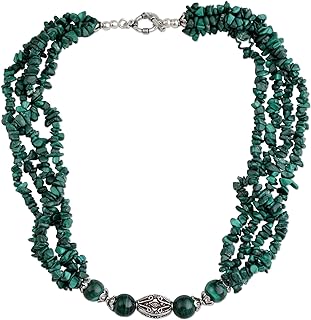 NOVICA Handmade Malachite Beaded Necklace .925 Sterling silver Green India [18.25 in L x 0.8 in W] 'Natural Sophistication'