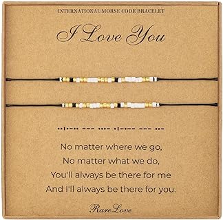 RareLove 2PCS I love You Pinky Promise Bracelet Morse Code Beaded Bracelet Matching Couples Bracelets Gifts for Boyfriend,Long Distance Friendship,Black Gold Pony Seed Tiny Beads