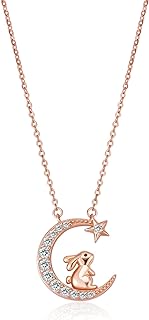 Ornaland Women's 925 Sterling Silver Zodiac Bunny Pendant Rose Gold Necklace with Zircon Moon & Star Design, Durable Stainless-Steel Chain