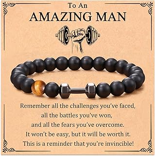 Dumbbell Bracelet Gifts for Men, Inspirational Gifts Onyx Beads Gym Bracelets for Men, Fitness Barbell Bracelet Christmas Cool Gifts for Men Dad Boyfriend Husband Son Brother Friends